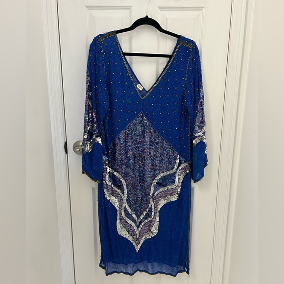 Vintage 1980s Silk and Sequin Dress, Sz M - Picture 1 of 12